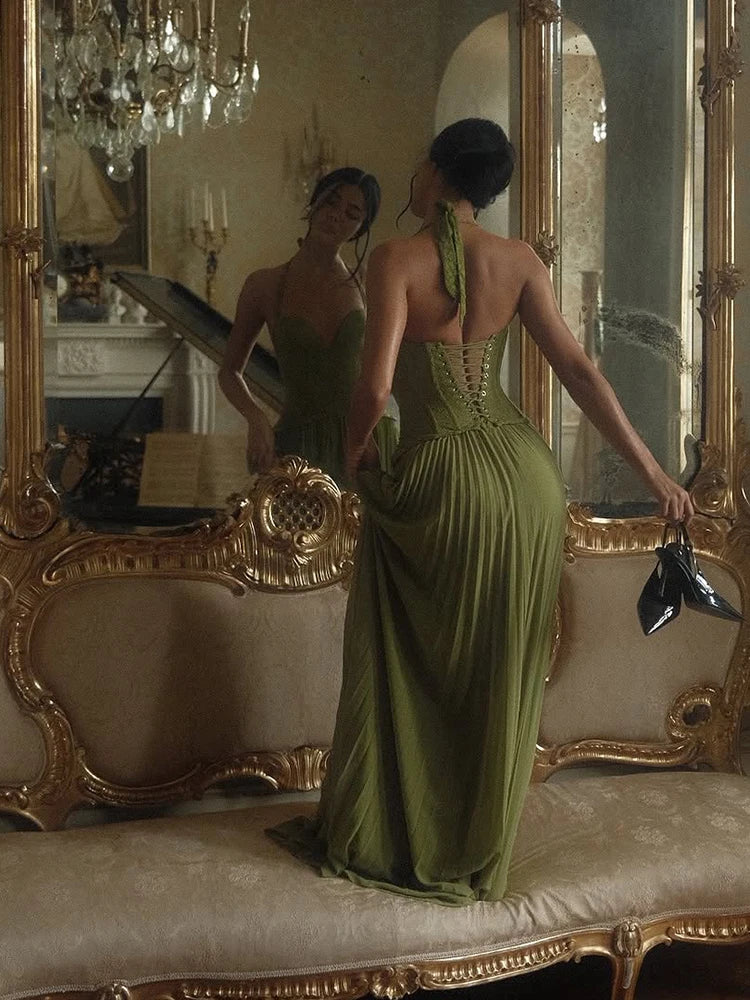 Emerald Siren Corset Halter Maxi Dress