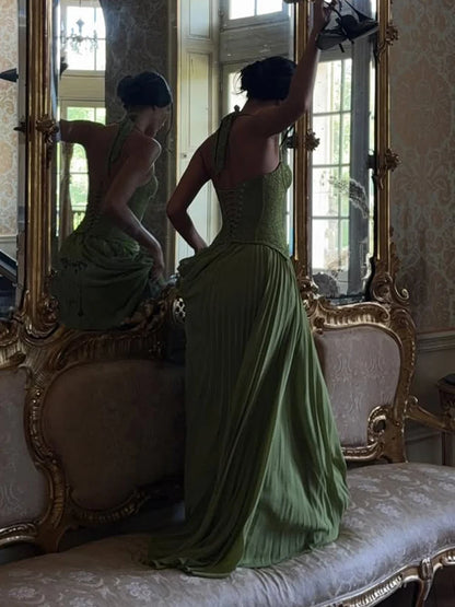 Emerald Siren Corset Halter Maxi Dress