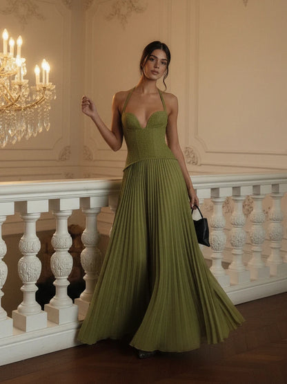 Emerald Siren Corset Halter Maxi Dress